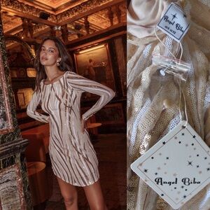Selfie Leslie Angel Biba NWT Long Sleeve Keyhole Back Sequin Sheer Dress Gold XS